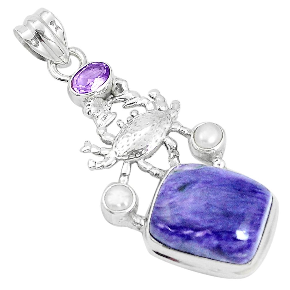 14.43cts natural purple charoite pearl 925 silver crab pendant jewelry p31266