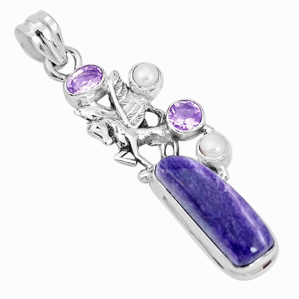 12.30cts natural purple charoite amethyst 925 silver unicorn pendant p31267