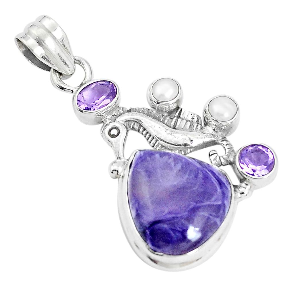 13.07cts natural purple charoite pearl 925 silver seahorse pendant p31275
