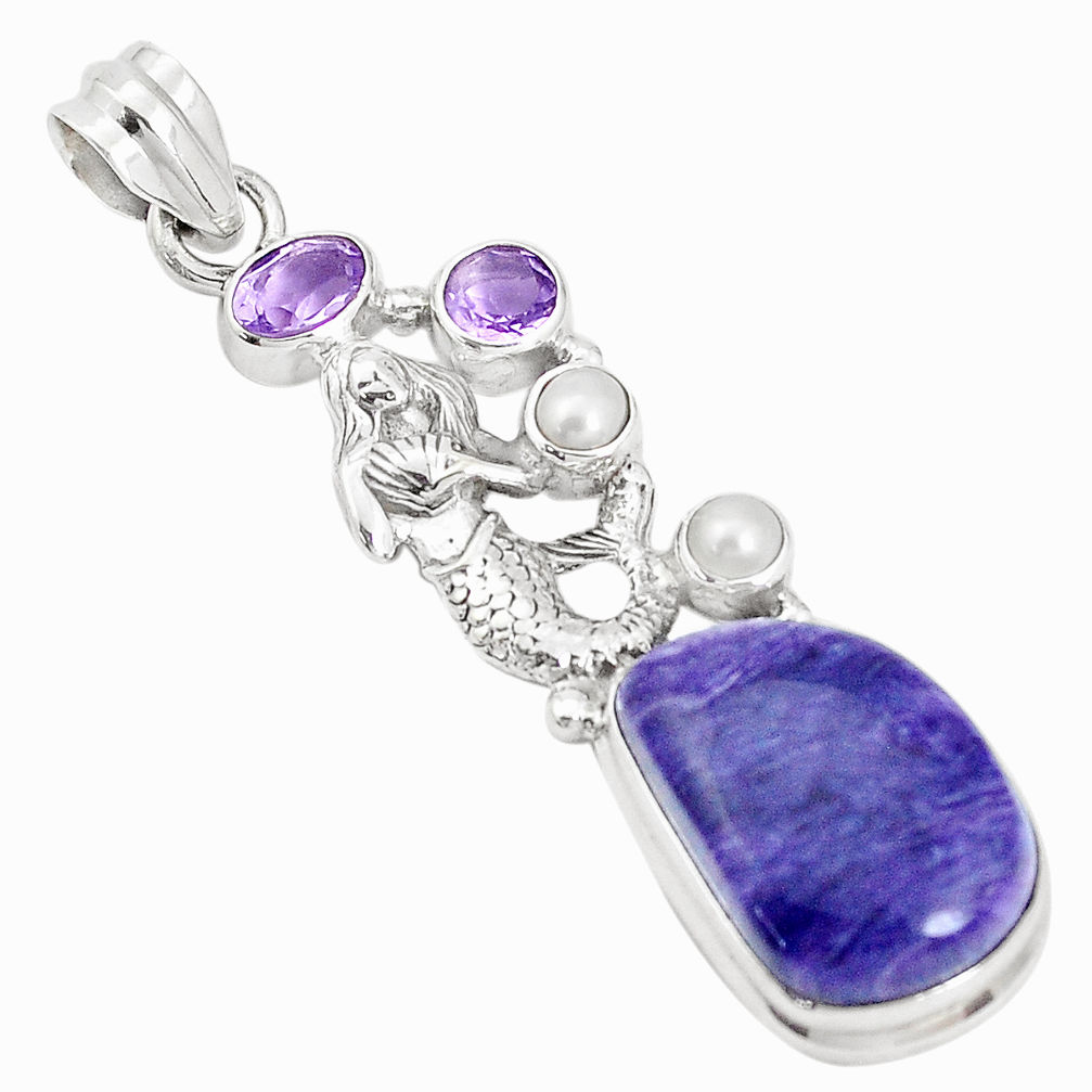 15.74cts natural purple charoite pearl 925 silver fairy mermaid pendant p31276