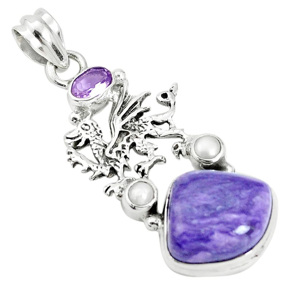 925 silver 13.41cts natural purple charoite pearl dragon pendant p31280