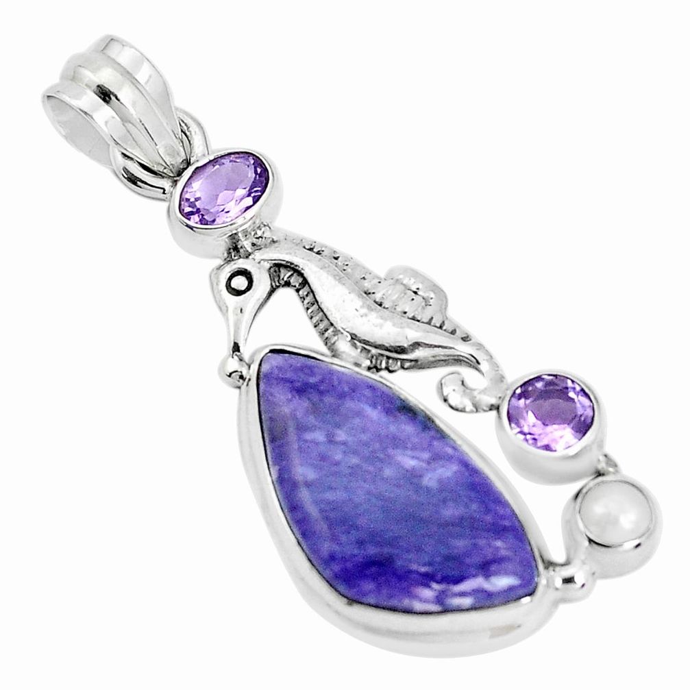 12.34cts natural purple charoite pearl 925 silver seahorse pendant p31282