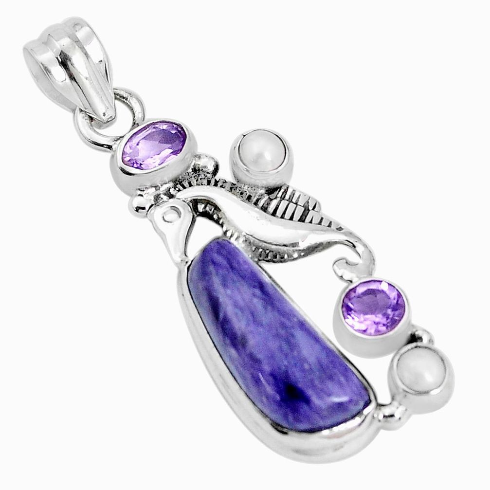 12.73cts natural purple charoite pearl 925 silver seahorse pendant p31283