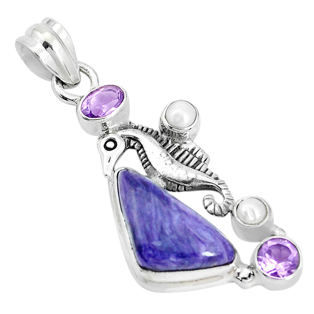 11.02cts natural purple charoite pearl 925 silver seahorse pendant p31287