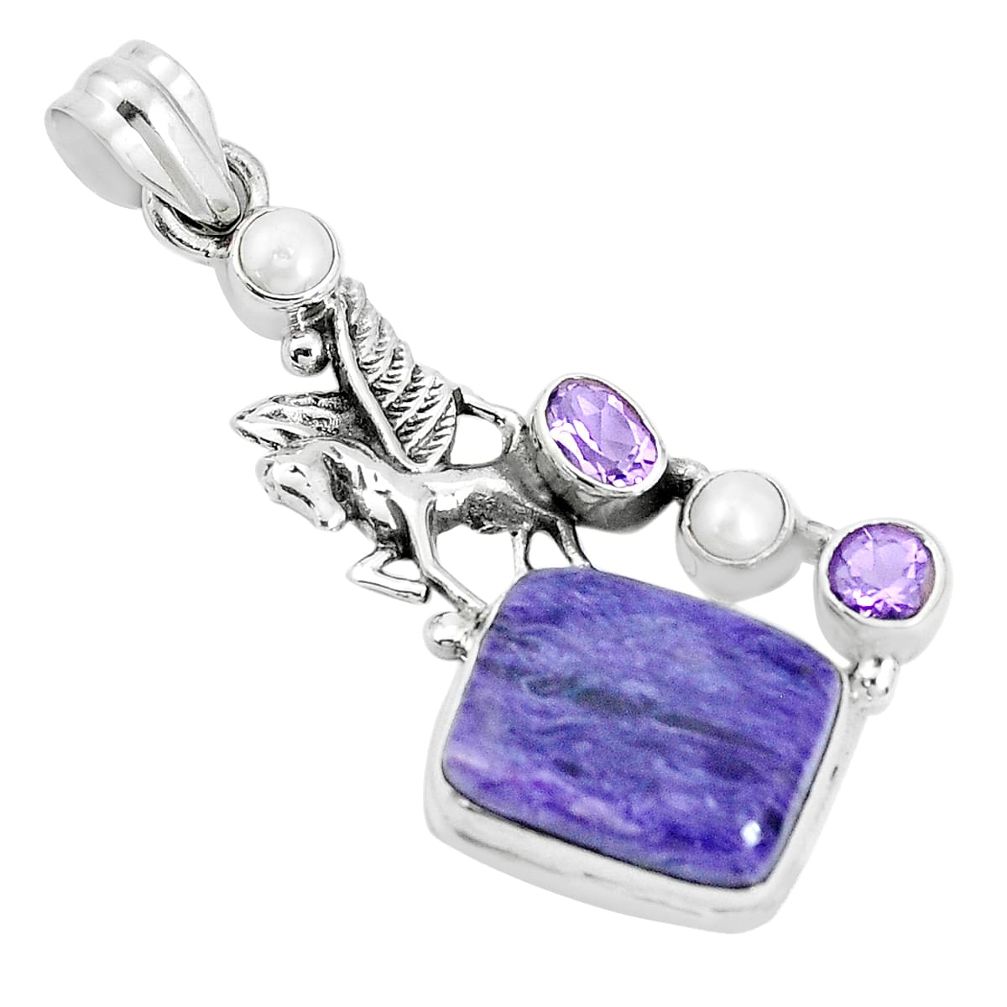 13.36cts natural purple charoite pearl 925 silver unicorn pendant jewelry p31289