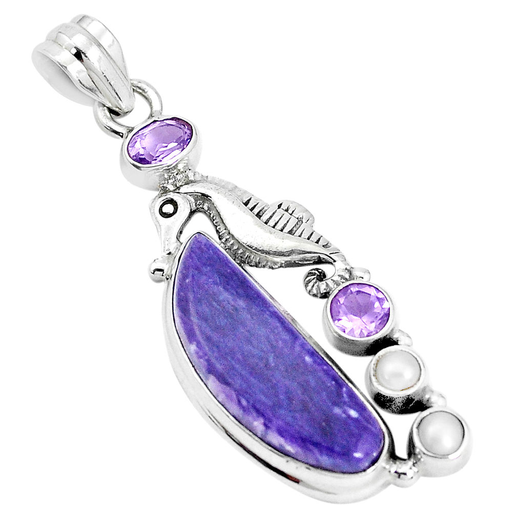 14.43cts natural purple charoite pearl 925 silver seahorse pendant p31296