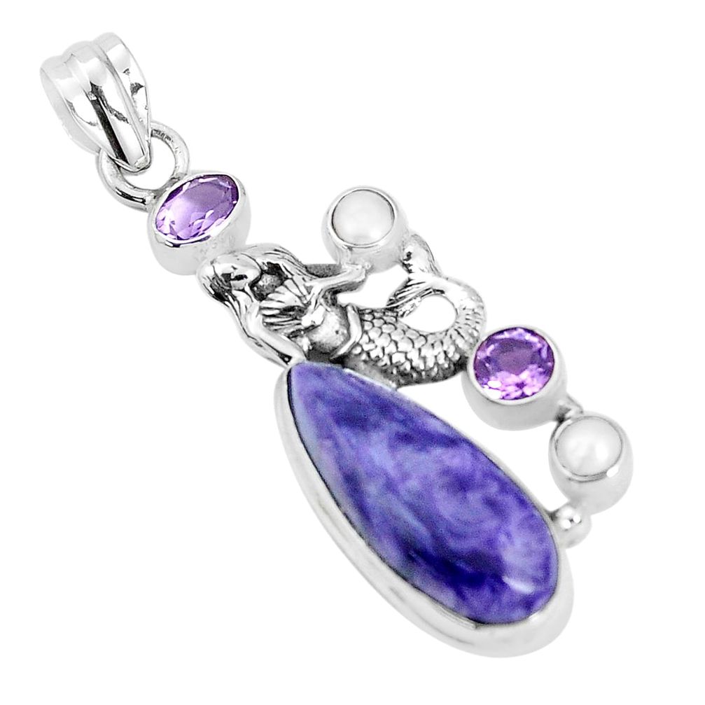 14.40cts natural purple charoite pearl 925 silver fairy mermaid pendant p31301