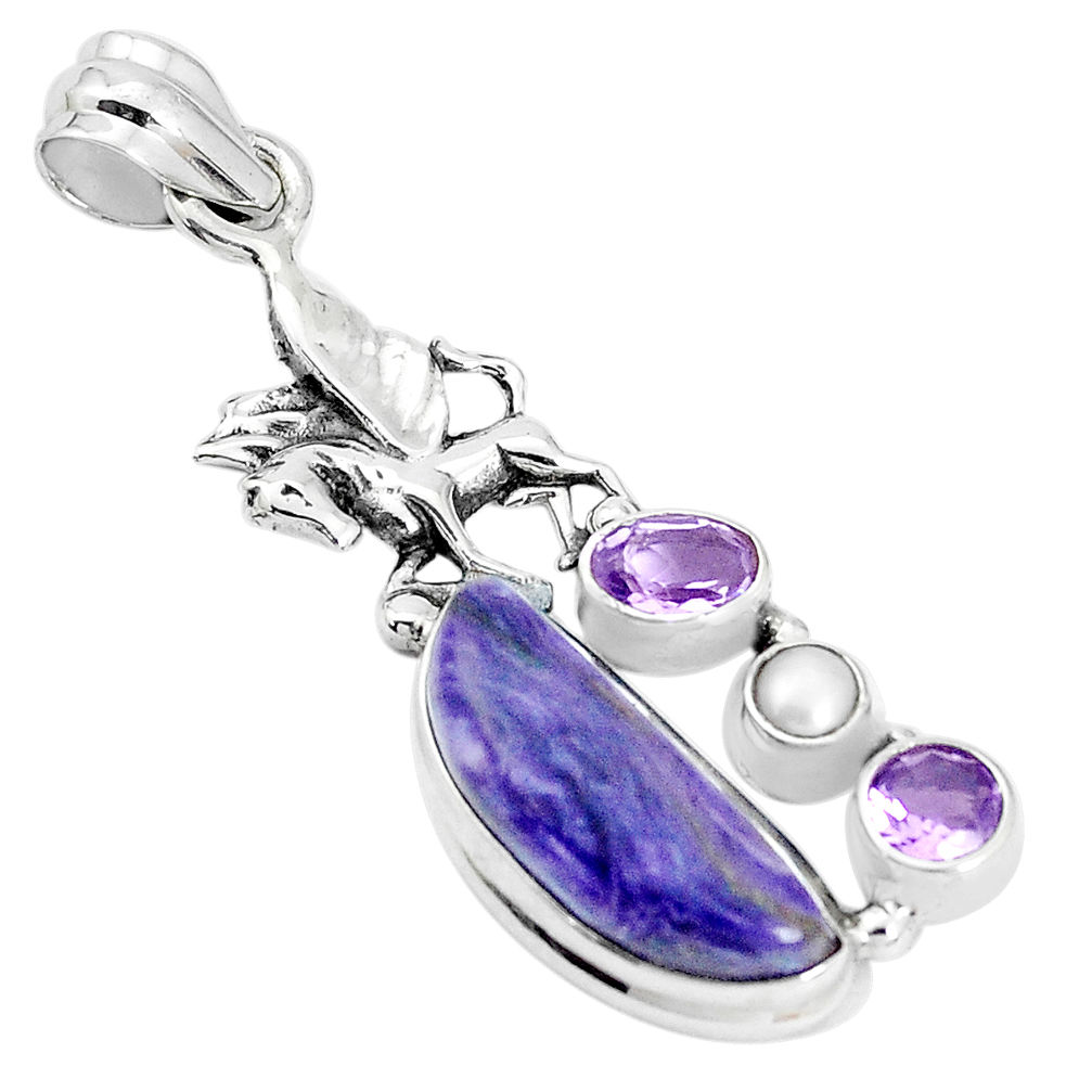 10.38cts natural purple charoite pearl 925 silver unicorn pendant p31302