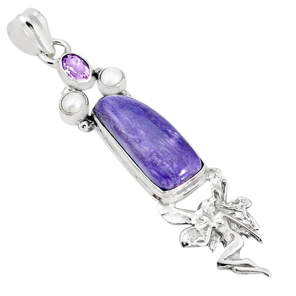 12.34cts natural purple charoite pearl silver angel wings fairy pendant p31303