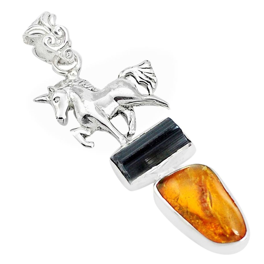 10.64cts natural black tourmaline rough amber 925 silver horse pendant p31681