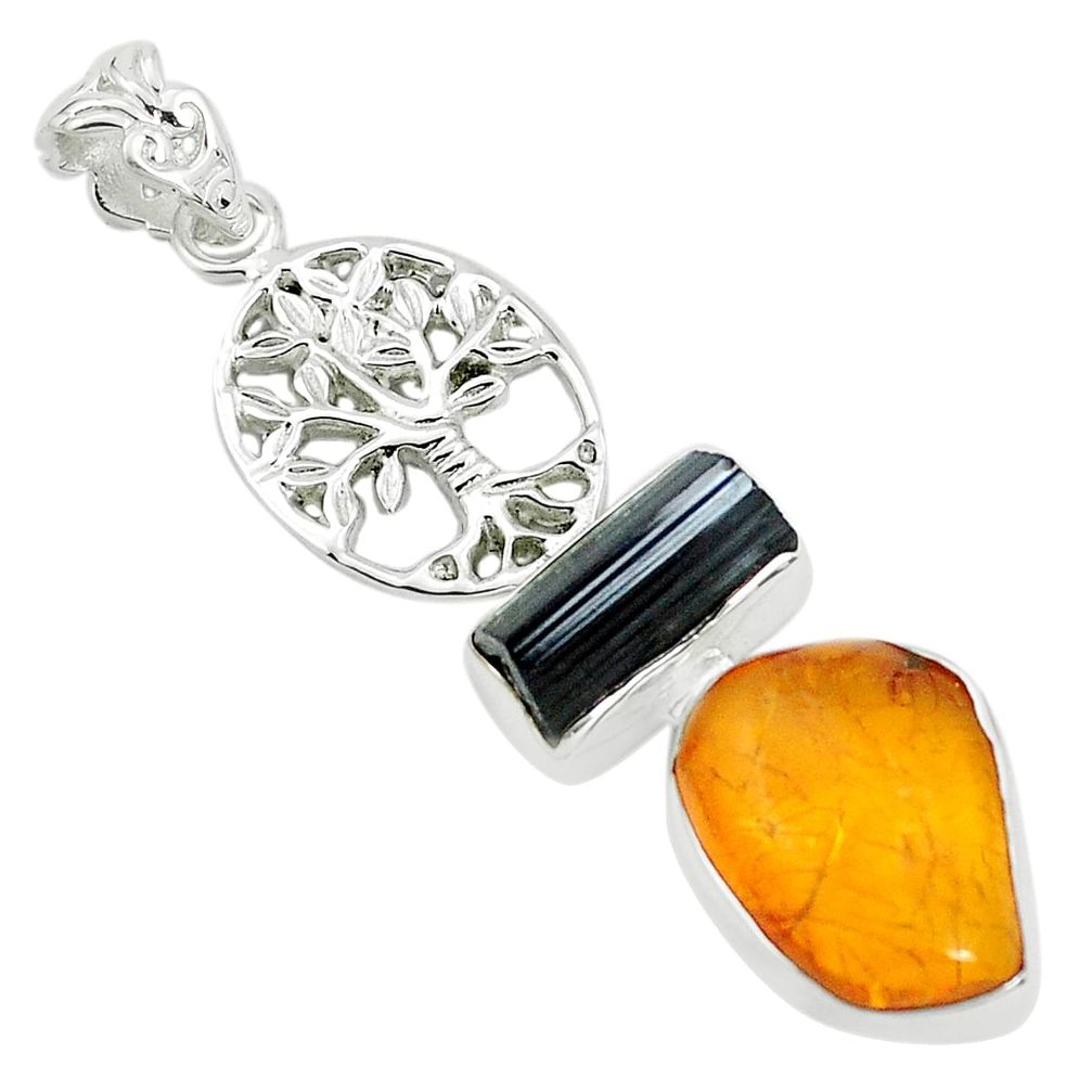 925 silver natural black tourmaline rough amber tree of life pendant p31686