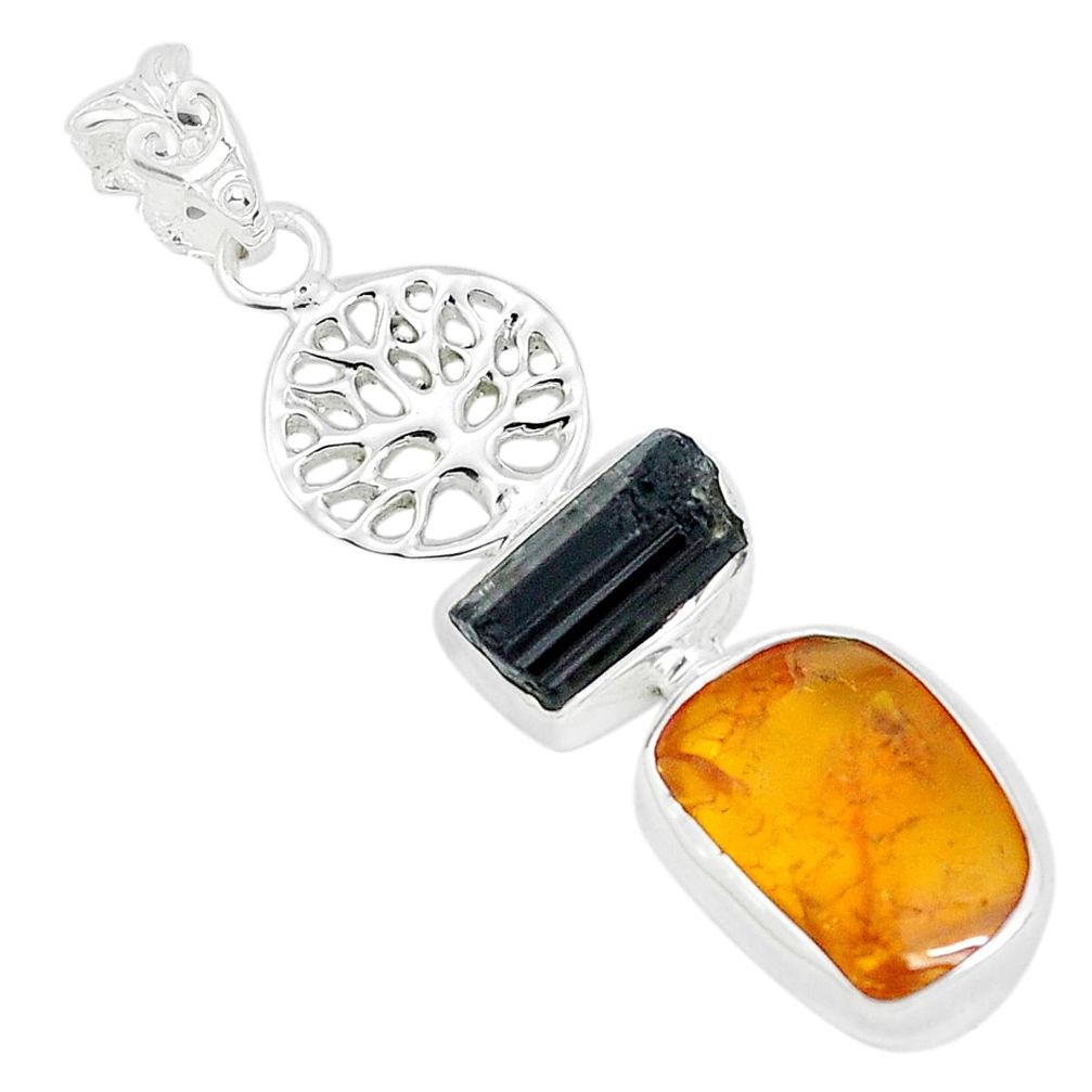 9.47cts natural black tourmaline rough amber silver tree of life pendant p31693