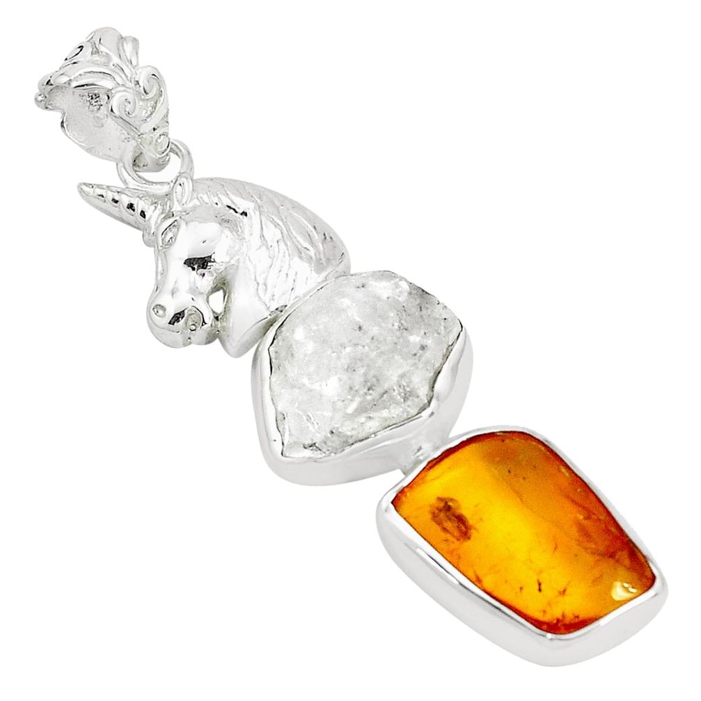 Natural white herkimer diamond amber amber silver horse pendant p31704