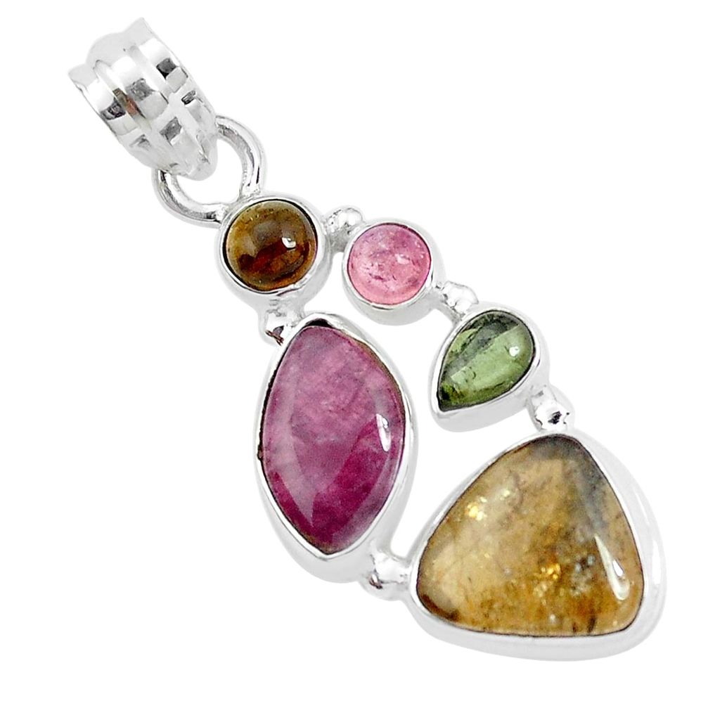 12.36cts natural multi color tourmaline 925 sterling silver pendant p31848