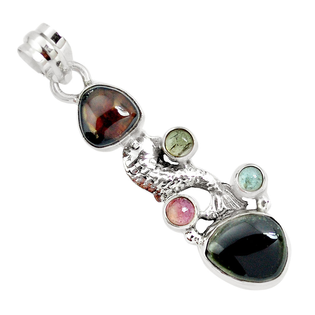 11.25cts natural multi color tourmaline 925 sterling silver fish pendant p31866