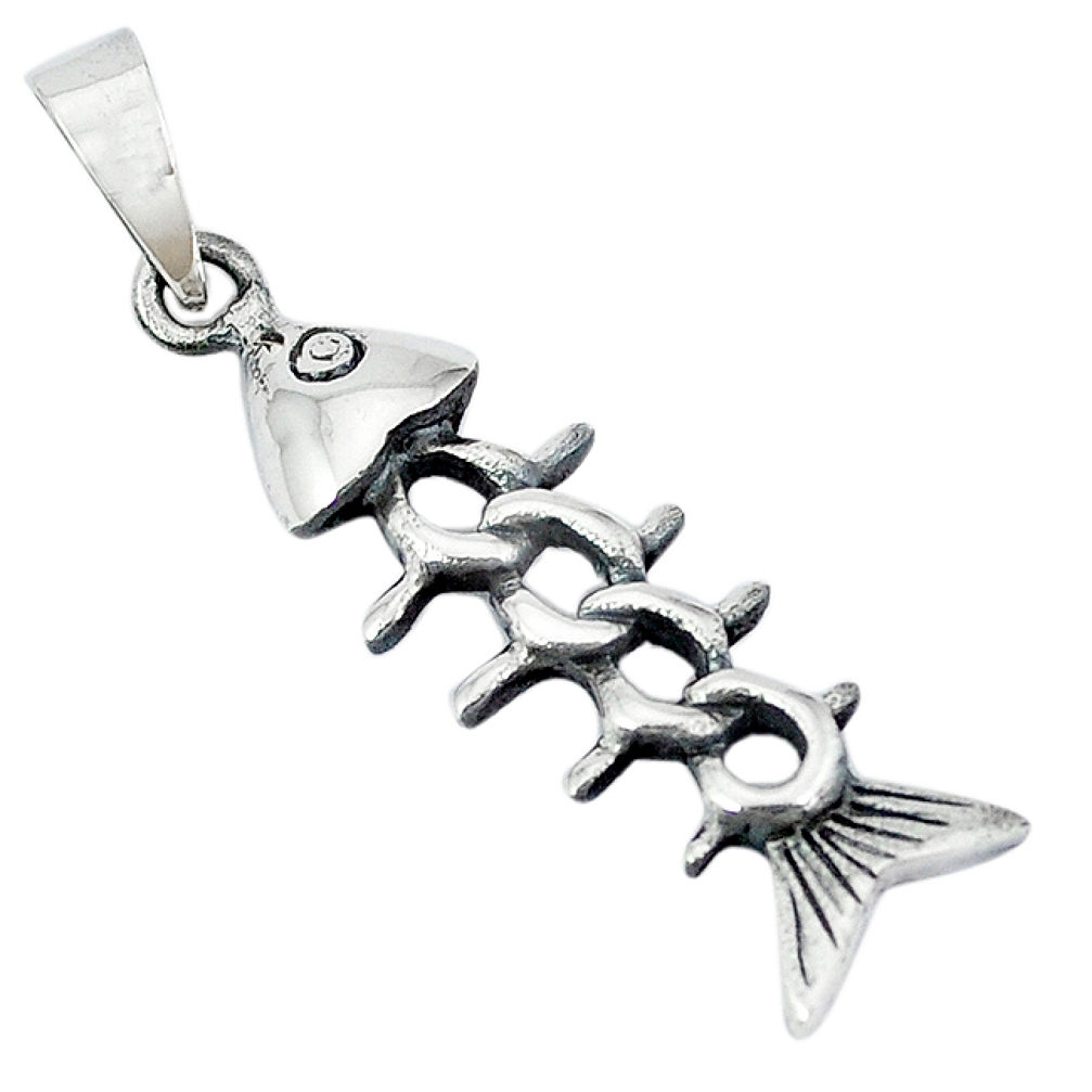 925 silver indonesian bali style solid fish skeleton charm pendant p3300