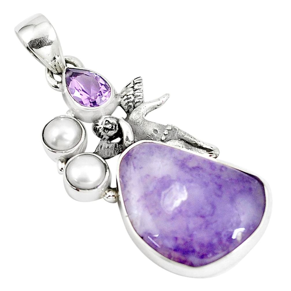 15.55cts natural purple opal amethyst pearl 925 silver angel pendant p5322