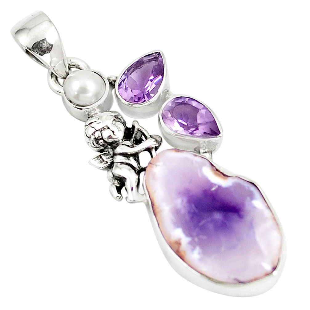 Natural purple opal amethyst pearl 925 silver cupid angel wings pendant p5329