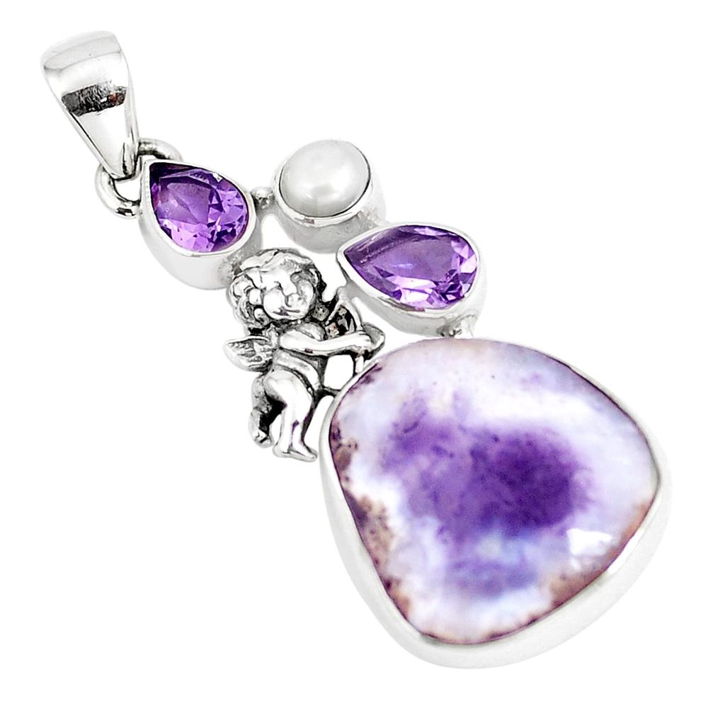 Natural purple opal amethyst pearl 925 silver cupid angel wings pendant p5330