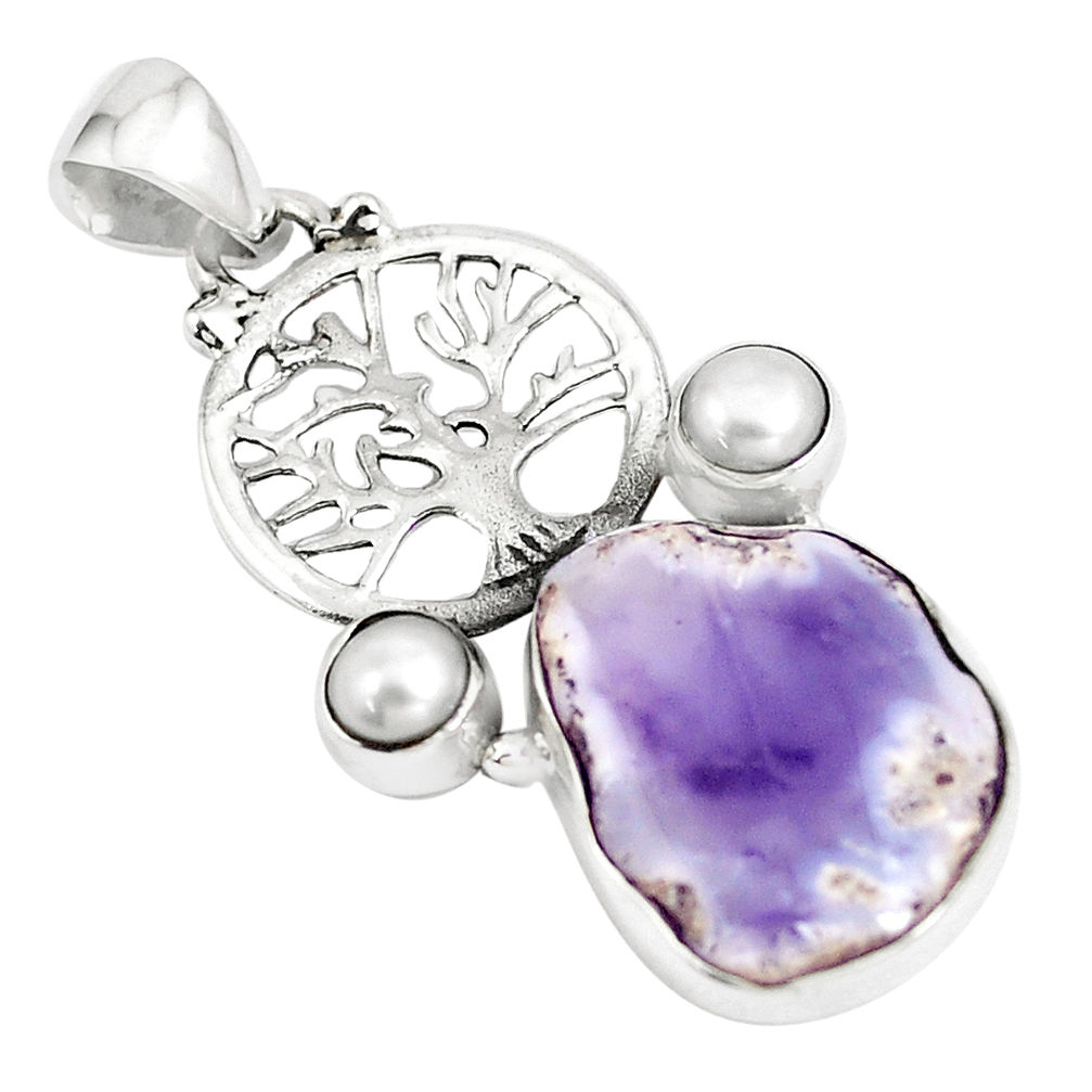 12.07cts natural purple opal white pearl 925 silver tree of life pendant p5333