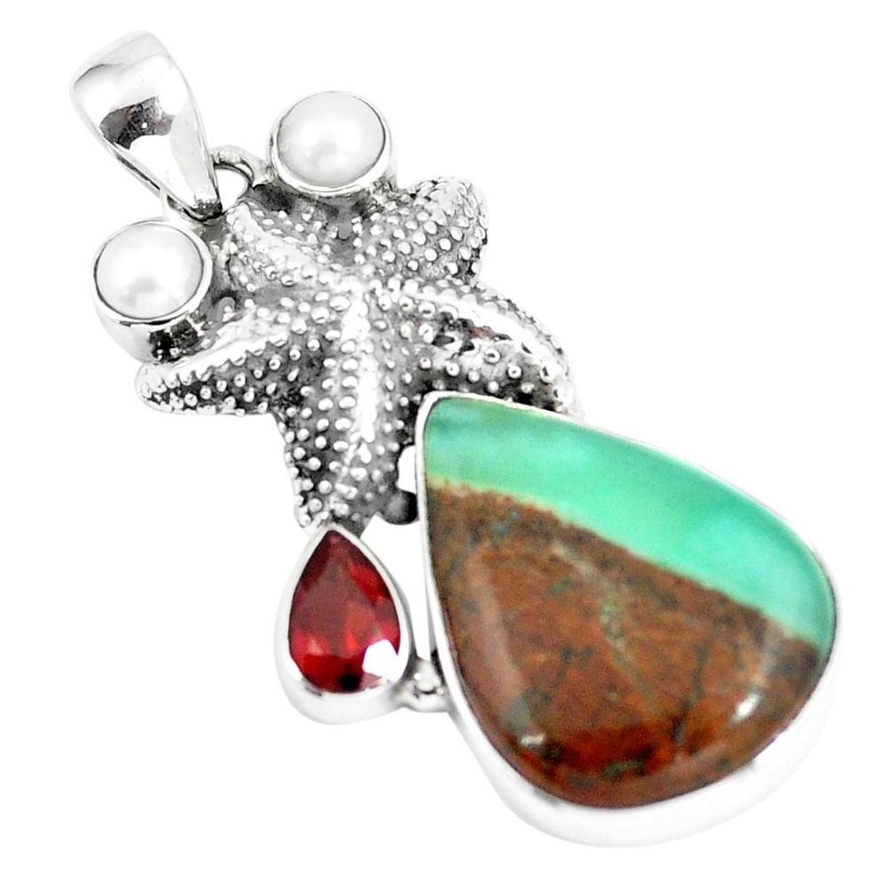 22.07cts natural brown boulder chrysoprase 925 silver star fish pendant p5372