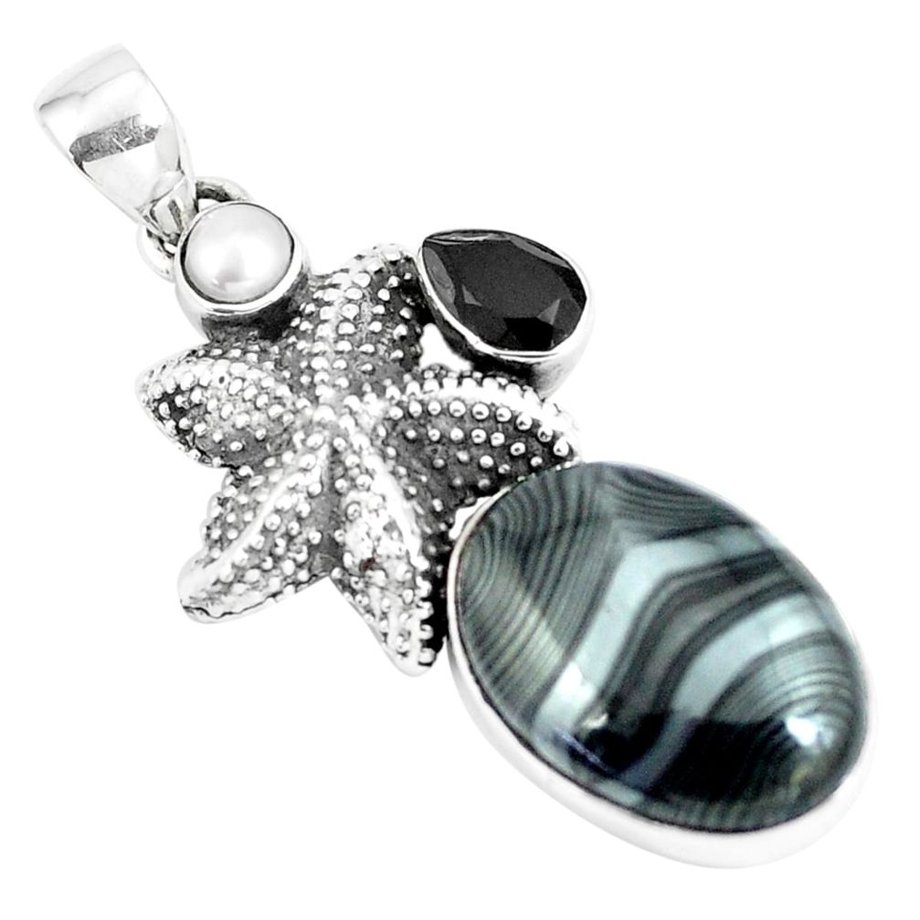 925 silver 19.56cts natural black psilomelane pearl star fish pendant p5380