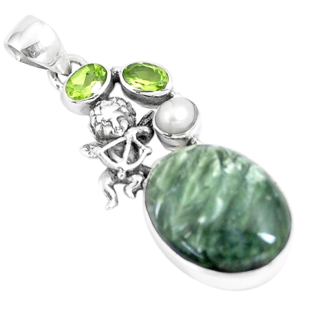 Natural green seraphinite pearl peridot silver cupid angel wings pendant p5385