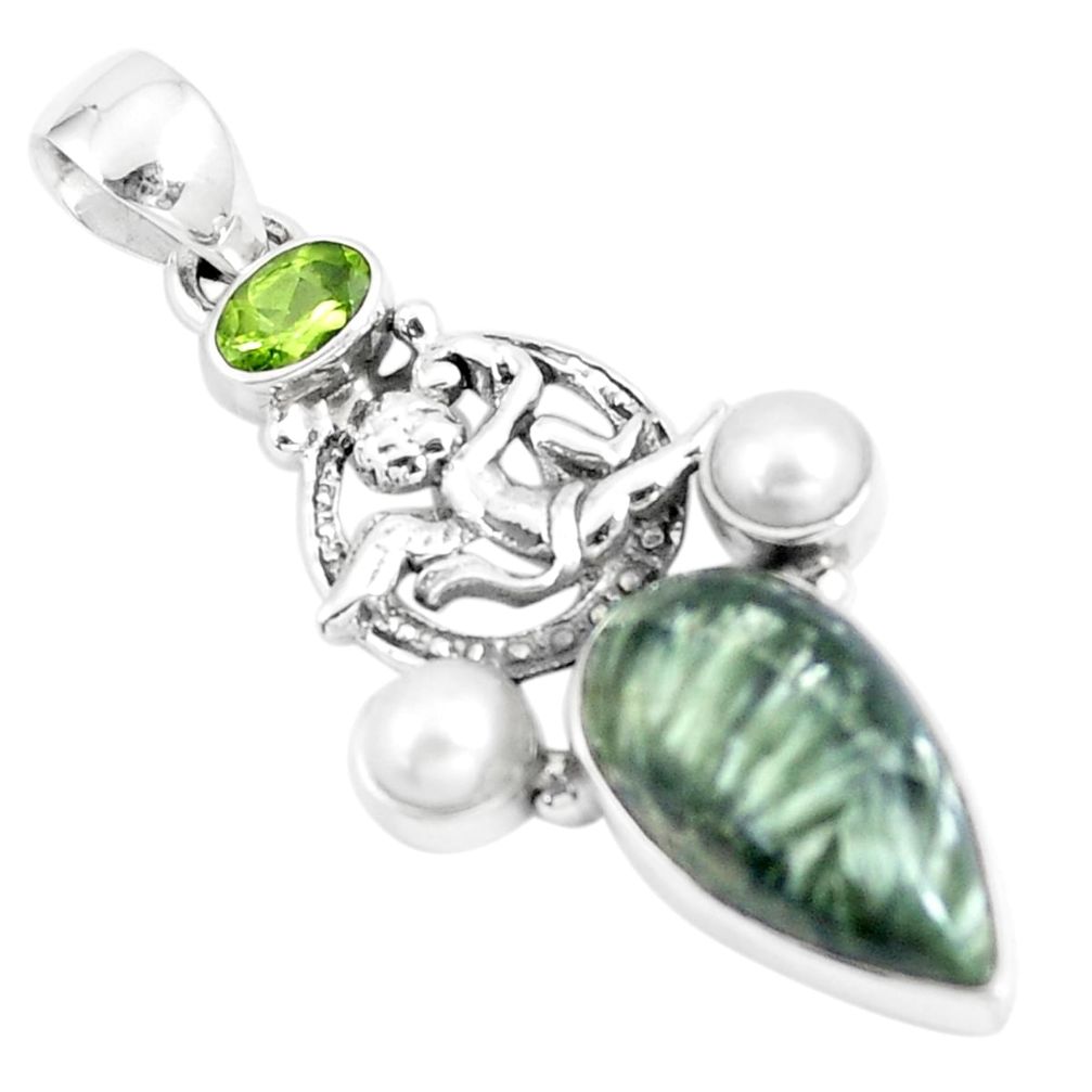 14.72cts natural green seraphinite pearl silver cupid angel wings pendant p5386