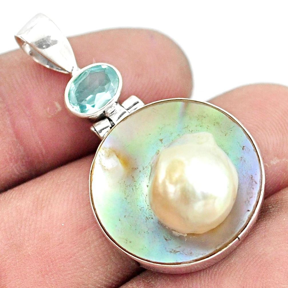 925 sterling silver 15.65cts natural white pearl blue topaz pendant p6028