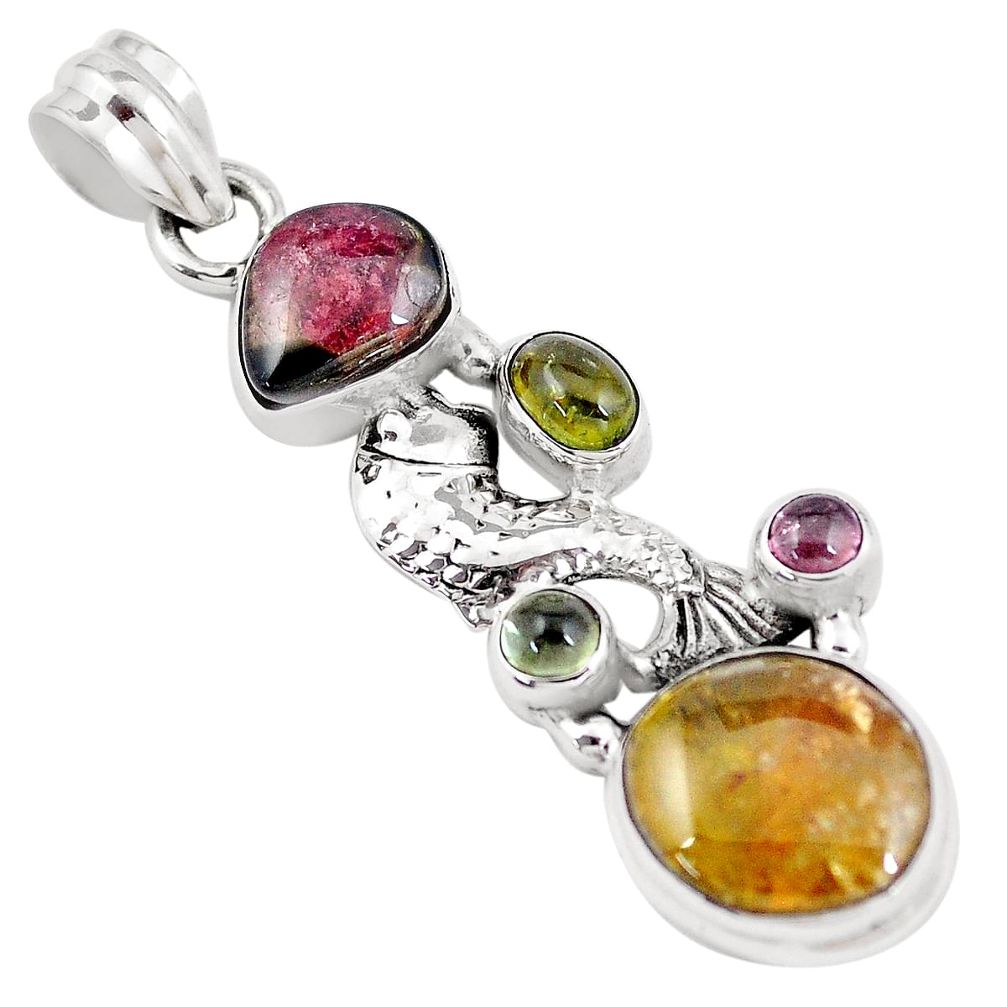 11.93cts natural multi color tourmaline 925 sterling silver fish pendant p6390