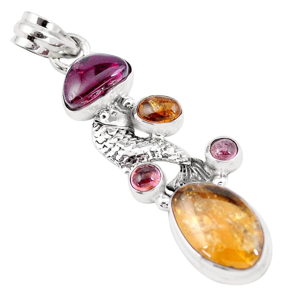 925 sterling silver 11.93cts natural multi color tourmaline fish pendant p6396