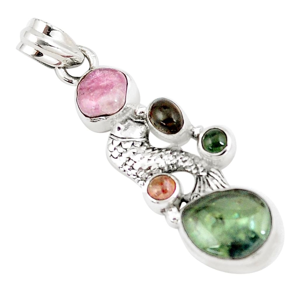 12.31cts natural multi color tourmaline 925 sterling silver fish pendant p6401
