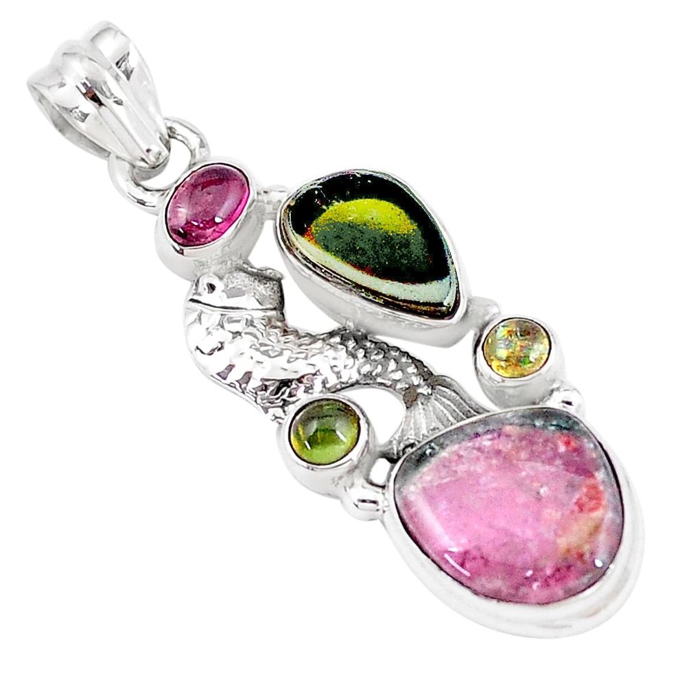 11.23cts natural multi color tourmaline 925 sterling silver fish pendant p6408