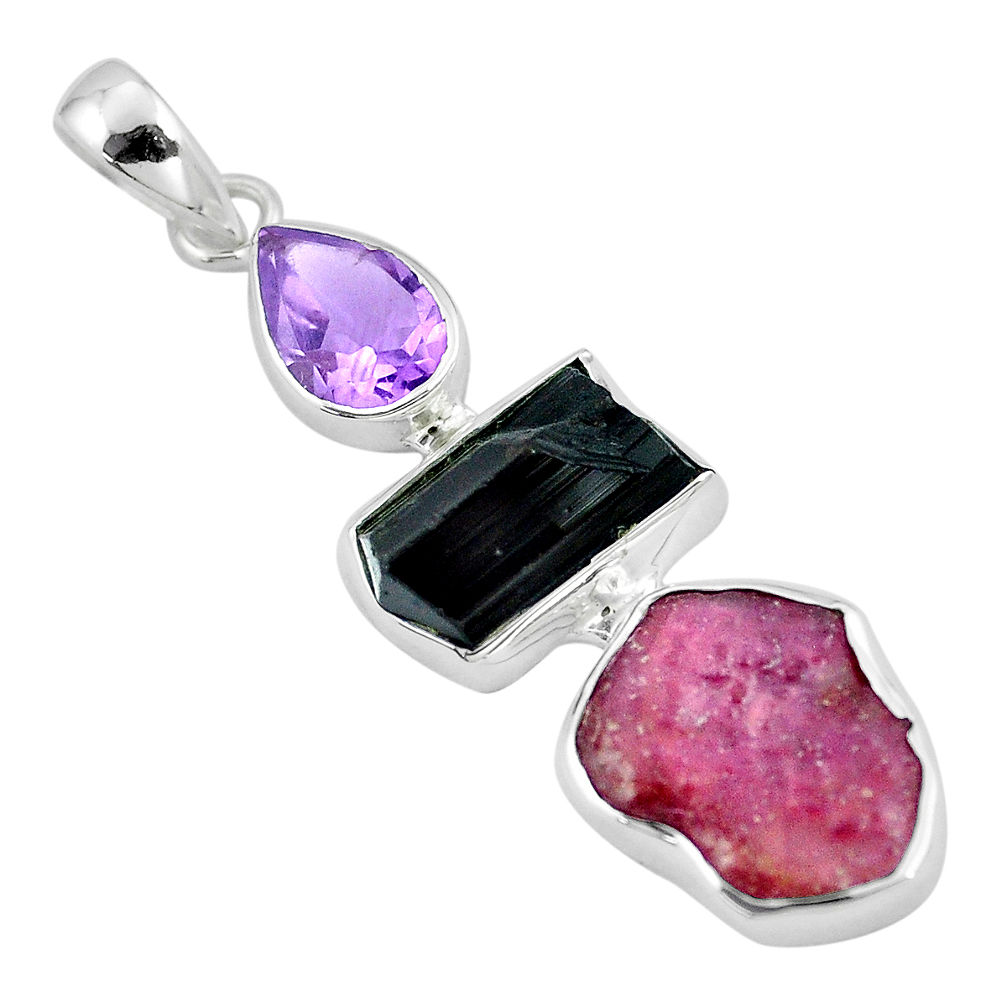 Natural pink ruby rough tourmaline rough amethyst silver pendant jewelry p6722