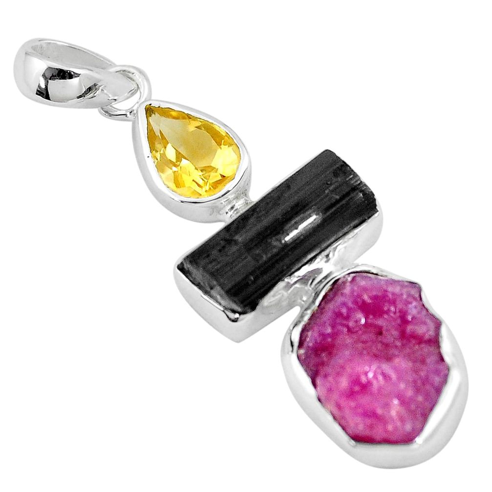 17.69cts natural pink ruby rough tourmaline rough citrine silver pendant p6725