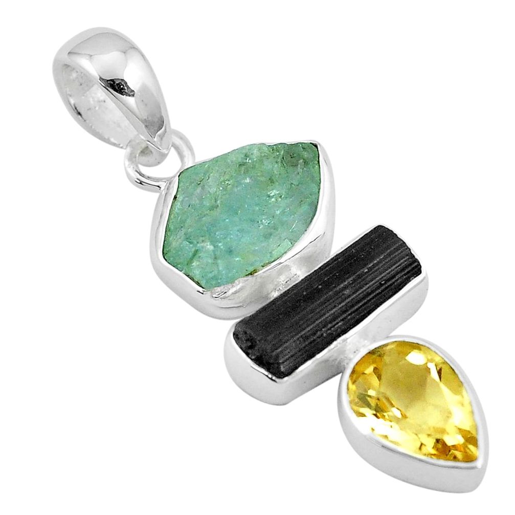 Natural aqua aquamarine rough tourmaline rough citrine 925 silver pendant p6729