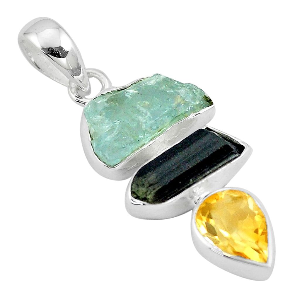 Natural aqua aquamarine rough tourmaline rough citrine 925 silver pendant p6733