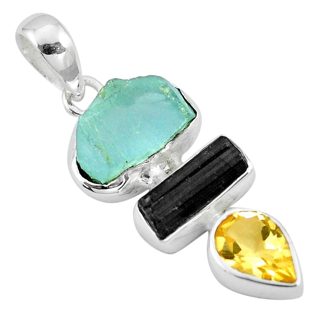 Natural aqua aquamarine rough tourmaline rough citrine 925 silver pendant p6735