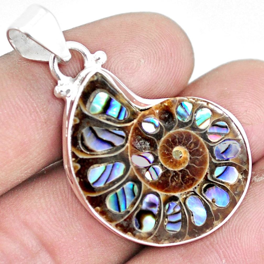 19.82cts natural multicolor abalone in ammonite 925 silver pendant p6826