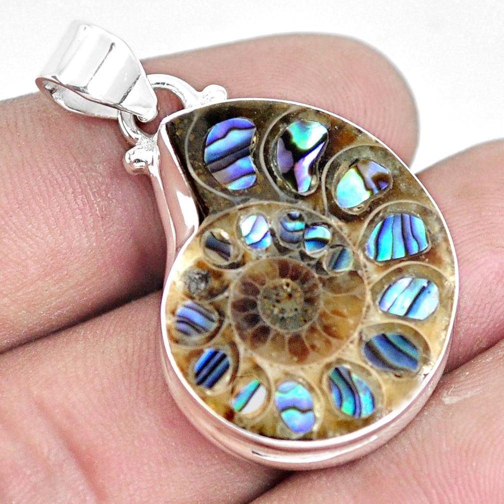 20.86cts natural multicolor abalone in ammonite 925 silver pendant p6850