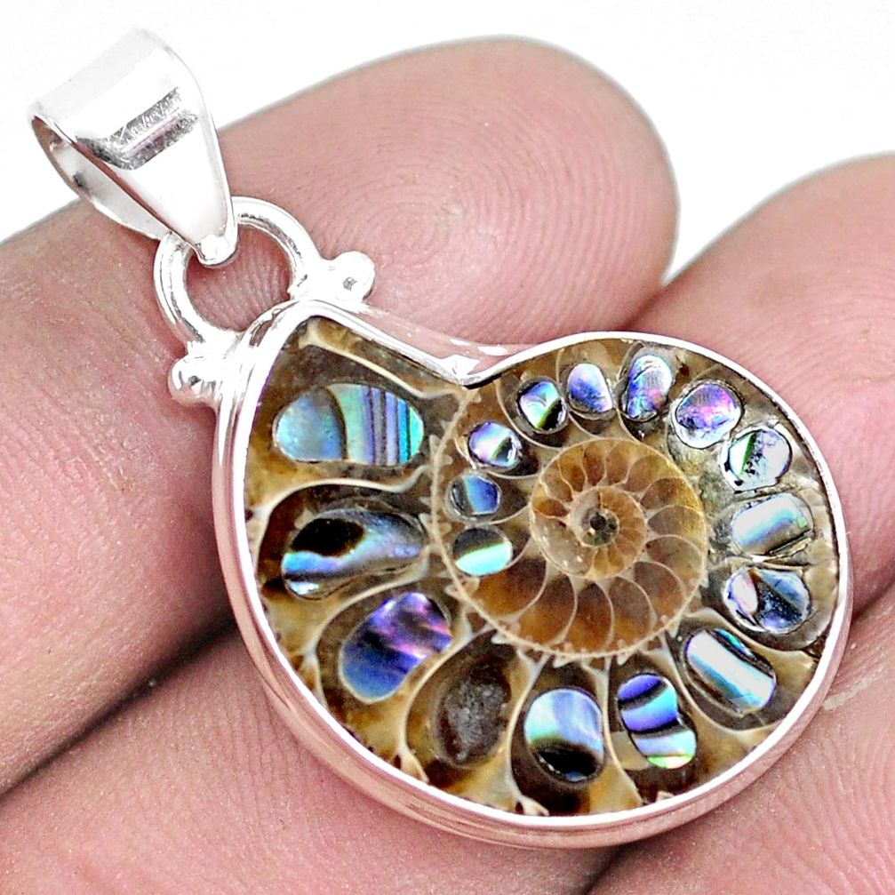 17.42cts natural multicolor abalone in ammonite 925 silver pendant p6851