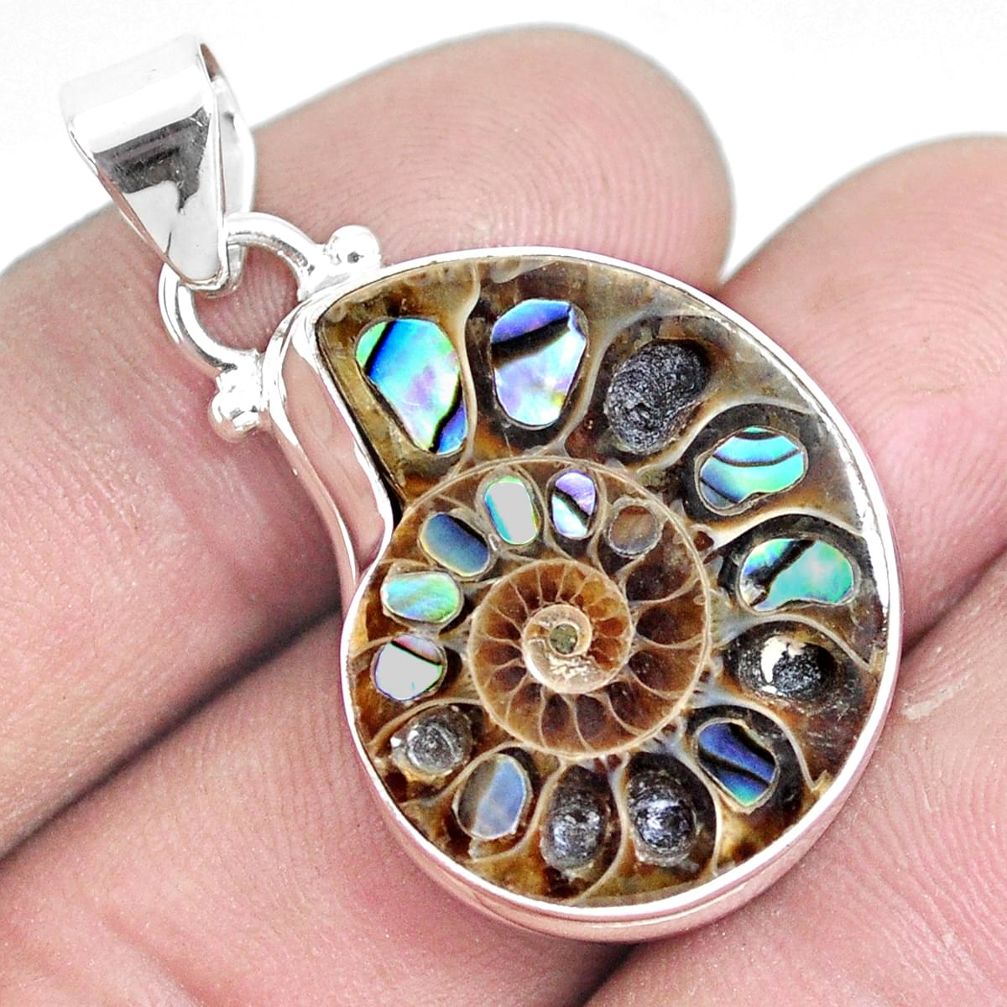 20.65cts natural multicolor abalone in ammonite 925 silver pendant p6856