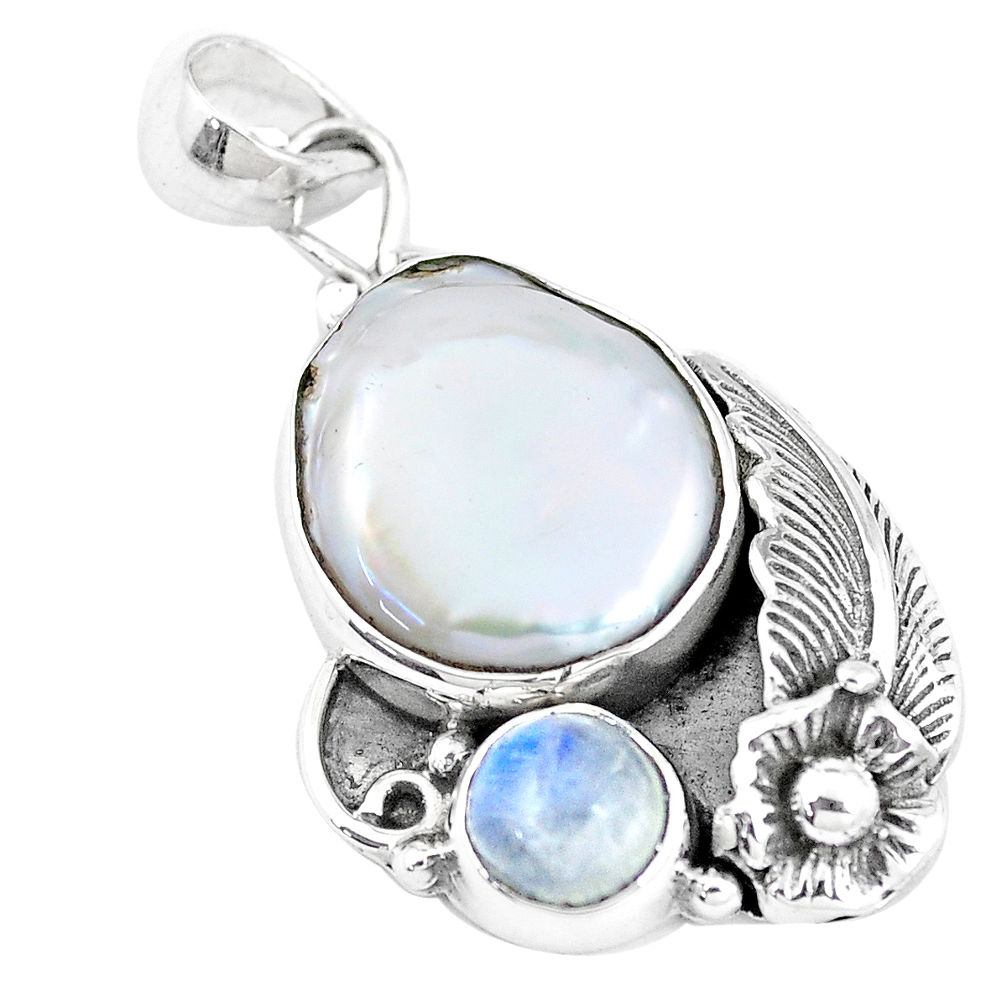 13.46cts natural white pearl moonstone 925 sterling silver flower pendant p7052