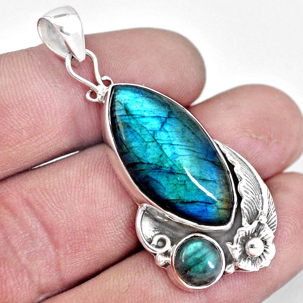 925 sterling silver 19.86cts natural blue labradorite flower pendant p7059