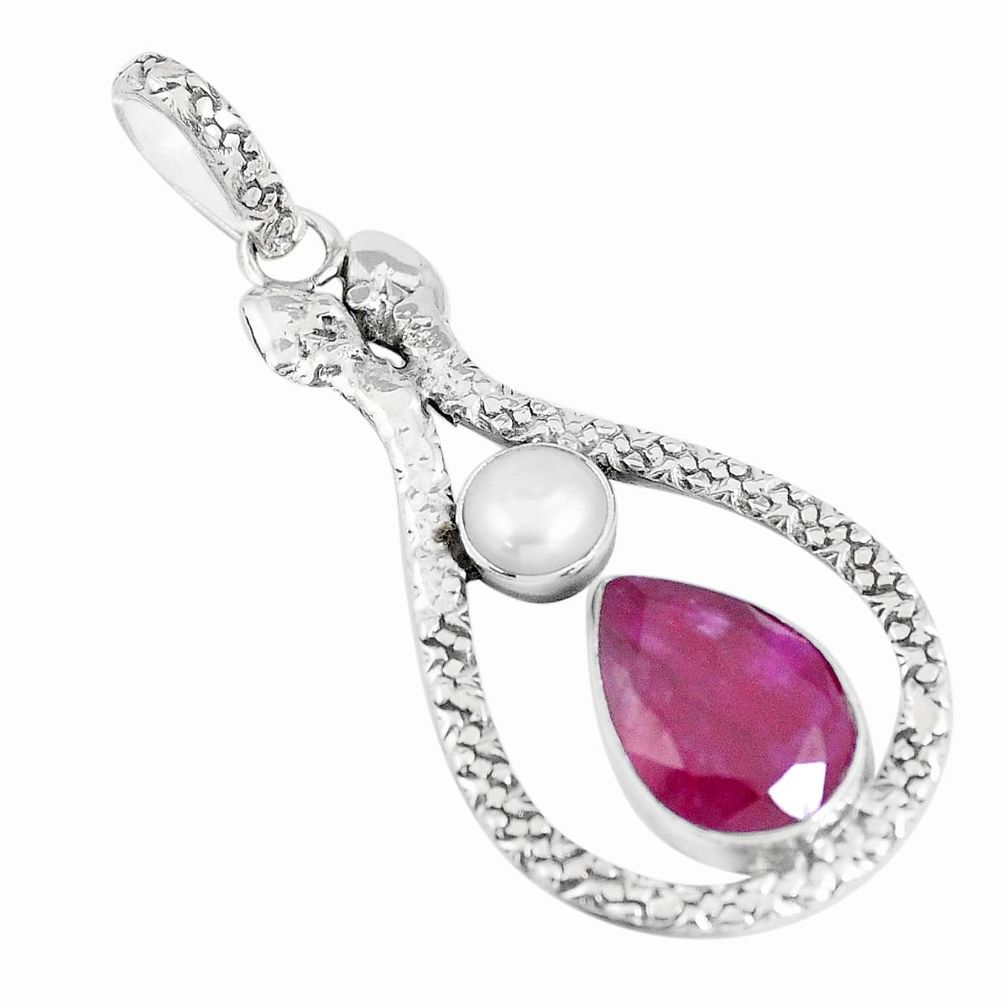 925 sterling silver 8.44cts natural red ruby white pearl snake pendant p7548
