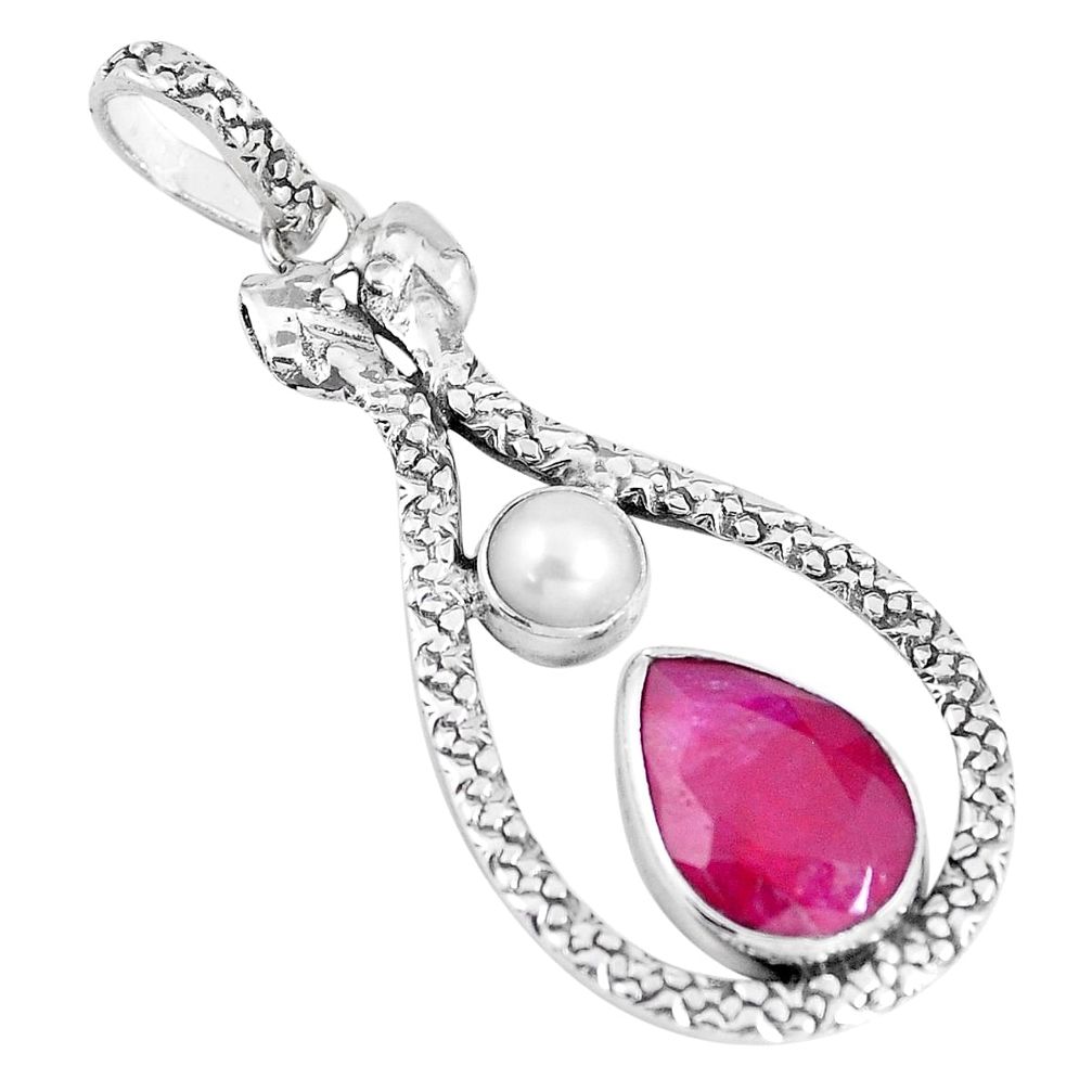 7.98cts natural red ruby pear pearl 925 sterling silver snake pendant p7549