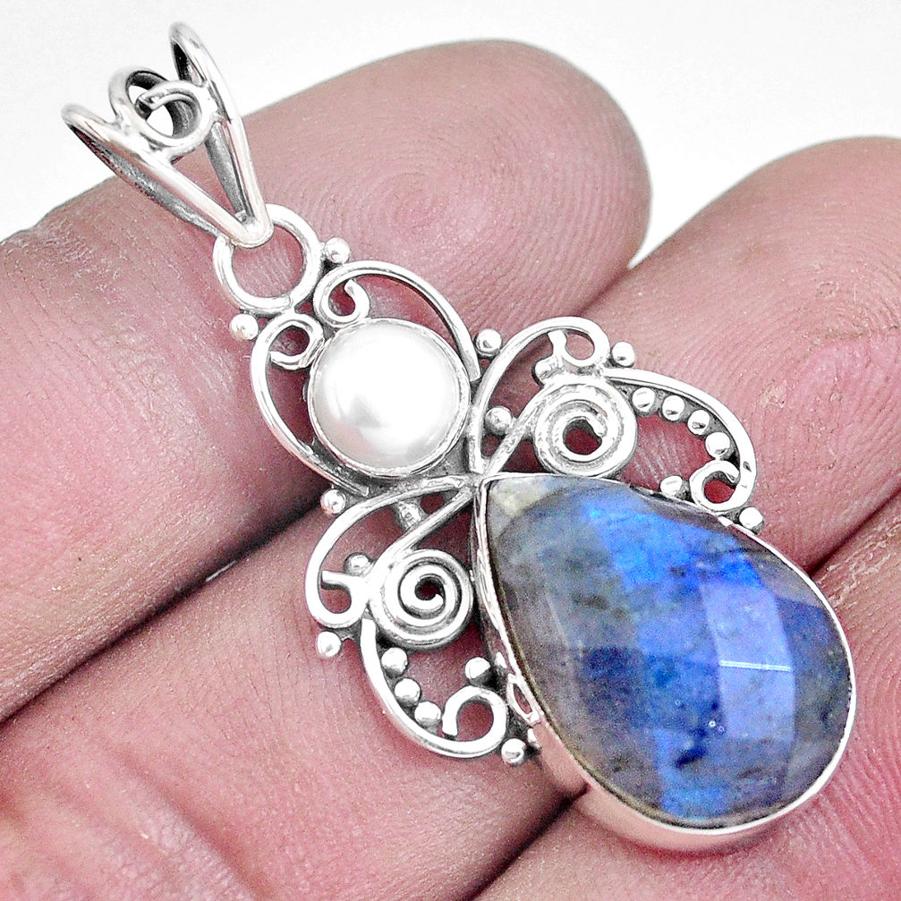 13.15cts natural blue labradorite white pearl 925 sterling silver pendant p7673