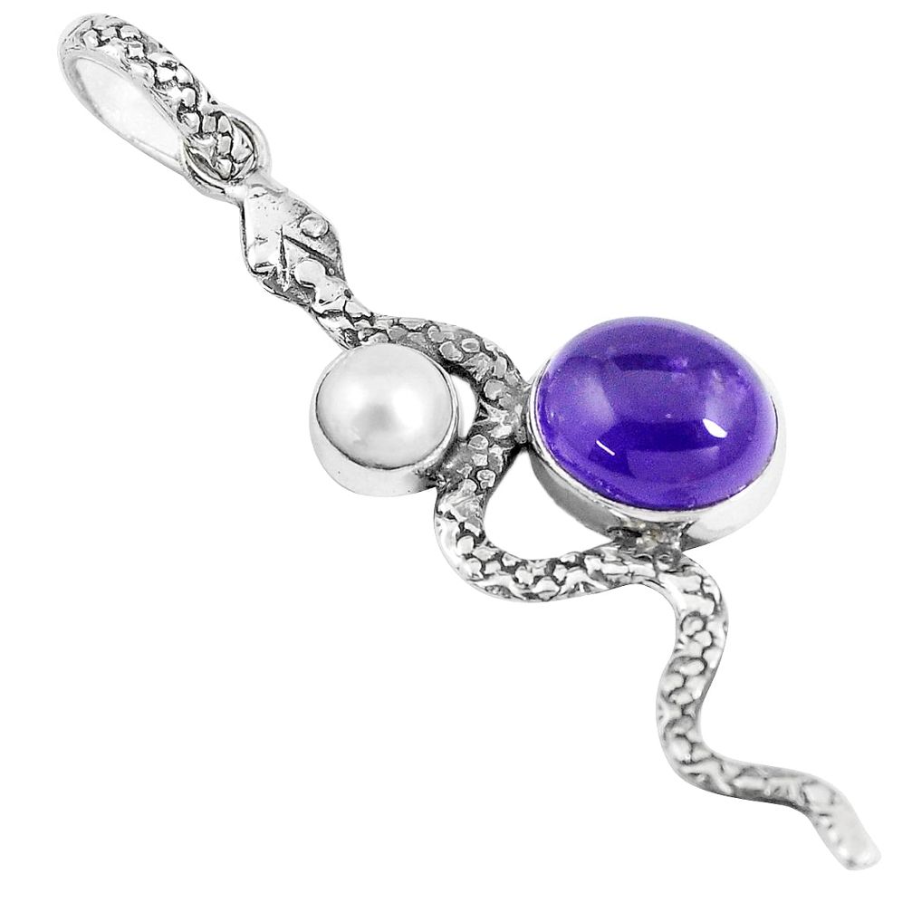 6.08cts natural purple amethyst pearl 925 sterling silver snake pendant p7703