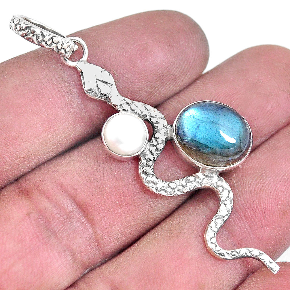 925 silver 6.33cts natural blue labradorite white pearl snake pendant p7714