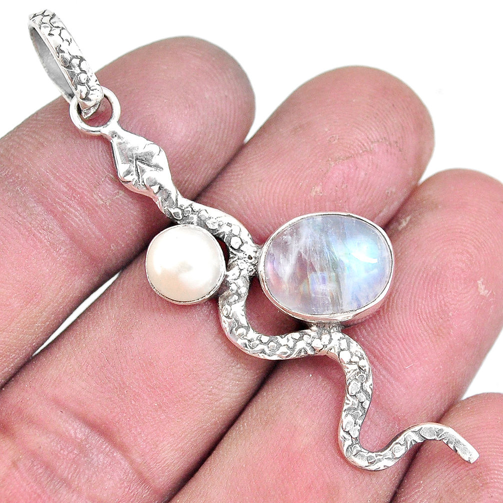 5.53cts natural rainbow moonstone pearl 925 sterling silver snake pendant p7717